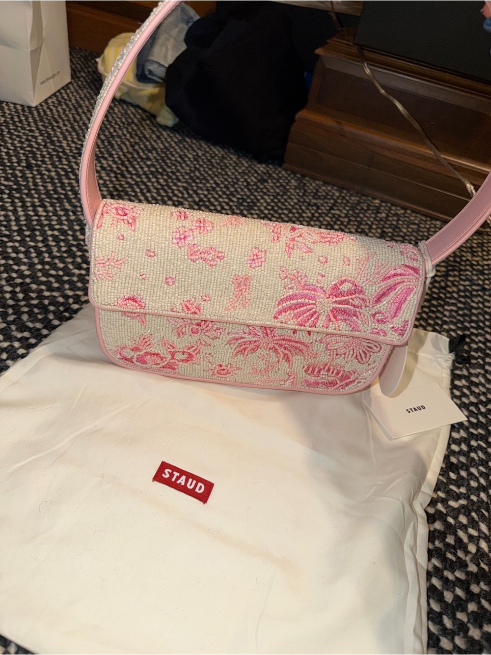 STAUD Pink and Cream Beaded Floral Shoulder Bag